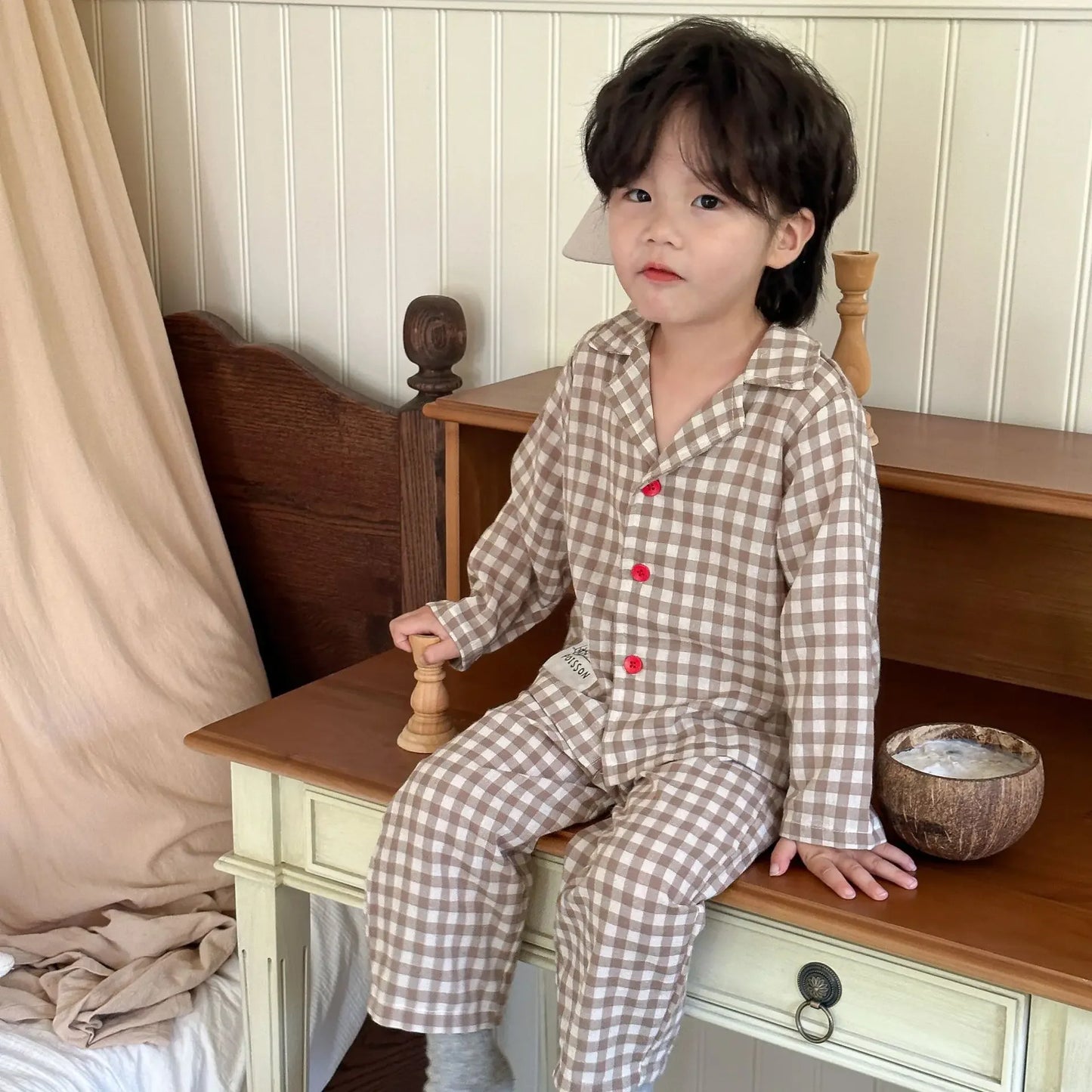 2PCS Autumn New Kids Pajamas Korean Long Sleeve Plaid Shirt And Pants Cotton Musline Yarn Sleepwear