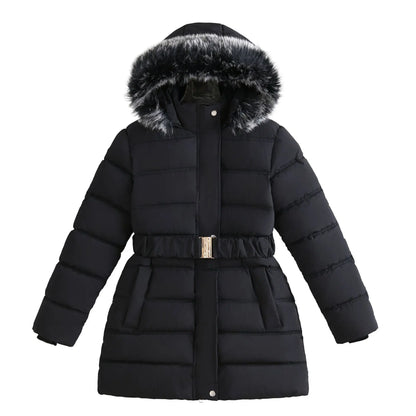 Winter Long Style Teen Girls Jacket Solid Color Slim Fit Fashion Detachable Hat Big Fur Collar Hooded Keep Warm Coat For Kids