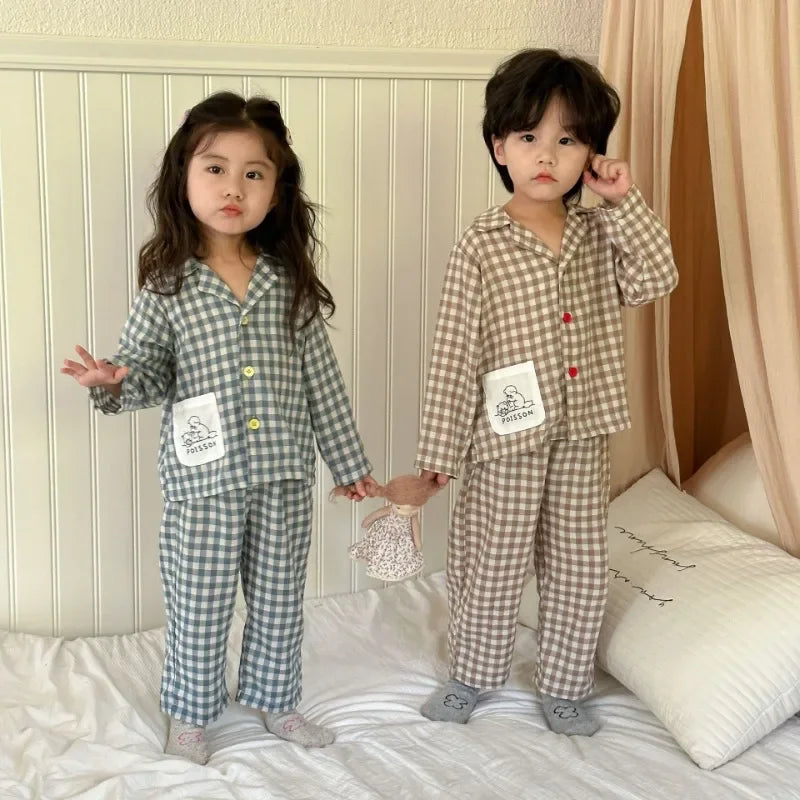 2PCS Autumn New Kids Pajamas Korean Long Sleeve Plaid Shirt And Pants Cotton Musline Yarn Sleepwear